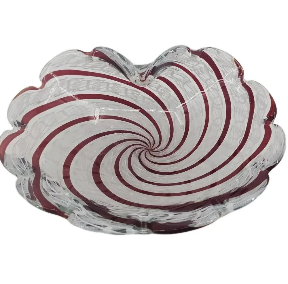 MCM Murano art glass bowl HEAVY Latticino Zanfirico Swirl centerpiece Pink White
